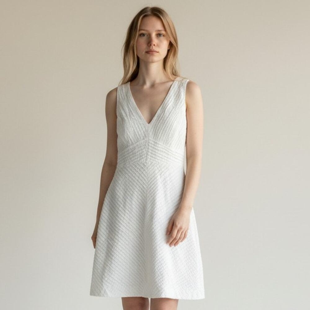 8 J.Crew White Chevron Pleated Dress Tall Sundress V-Neck 100% Cotton Women's